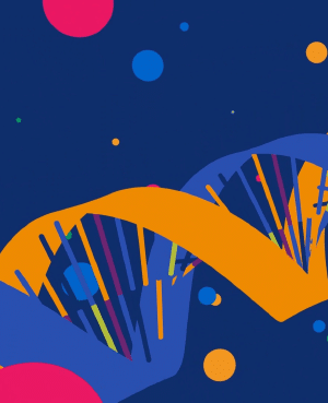 3D Stylized illustration of a spiral helix DNA with floating orbs in the background