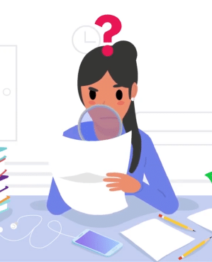 2D vector illustration of a female college student holding a magnifying glass to a paper with a question mark over her head