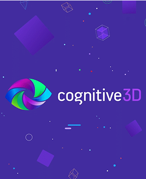 Logo for cognitive3D floating in front of abstract 2D shapes on a purple background