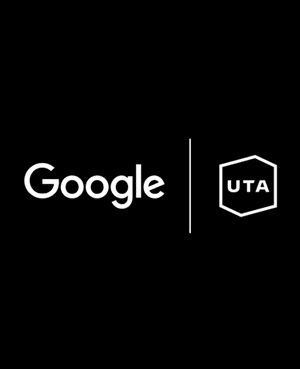 White Logos For Google and United Talent Agency in front of a black background