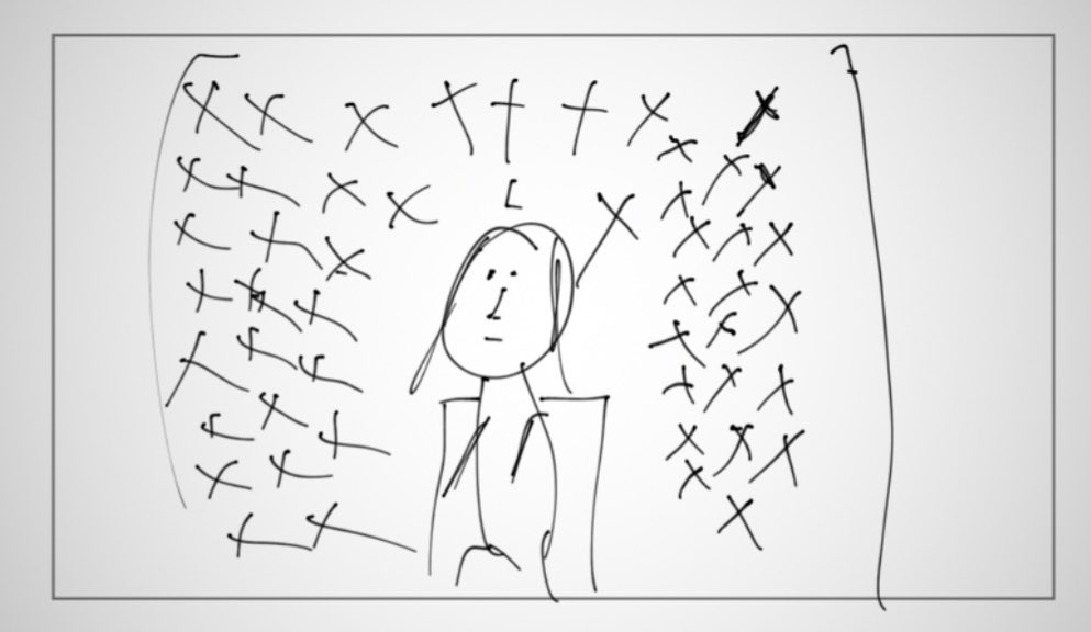 crude drawing of a girl with hundreds of knives around her, original storyboard from Knives Out
