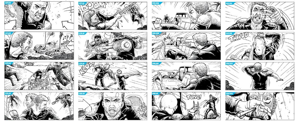 Collage of graphic novel style storyboards for the Mad Max Fury Road Movie